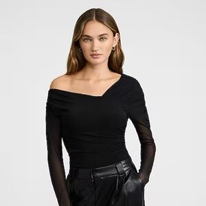 Express Mesh Asymmetrical Off the Shoulder Long Sleeve Ruched Bodysuit size S